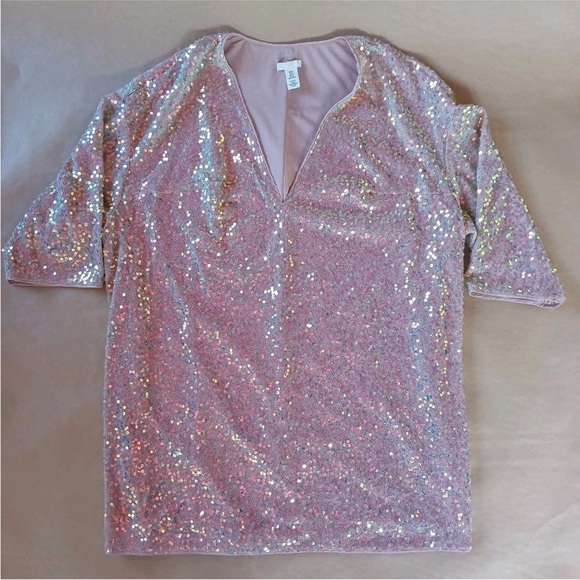 H&M Sequin Tunic Top Mini Dress Size XL Pink Short Sleeve V Neck Holiday Party - Picture 1 of 12